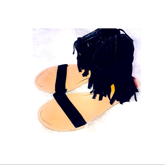 flat fringe ankle wrap sandals - Picture 1 of 4